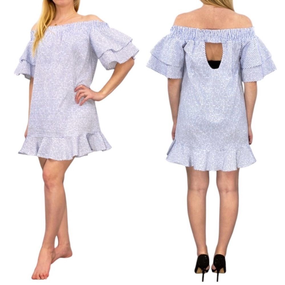 Romeo & Juliet Couture Blue White Seersucker Ruffle Tier Off Shoulder Dress L